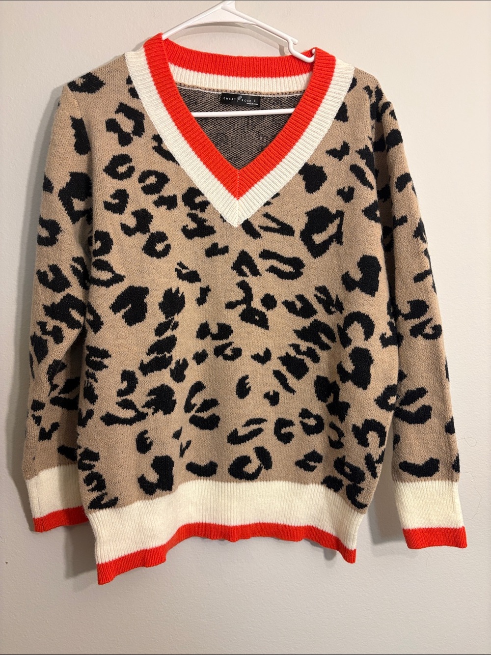 Emery Rose Beige Leopard V-Neck Sweater with Red and Cream Trim